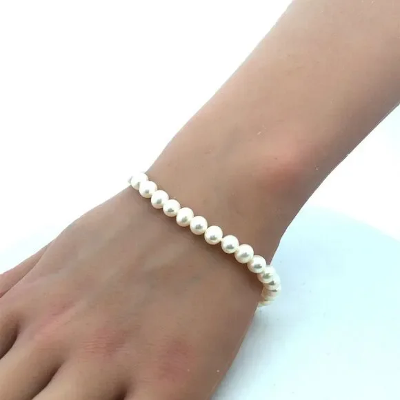 LUC 925 Sterling Silver White Pearl Beaded Earrings Necklace Bracelet 4 PC Set